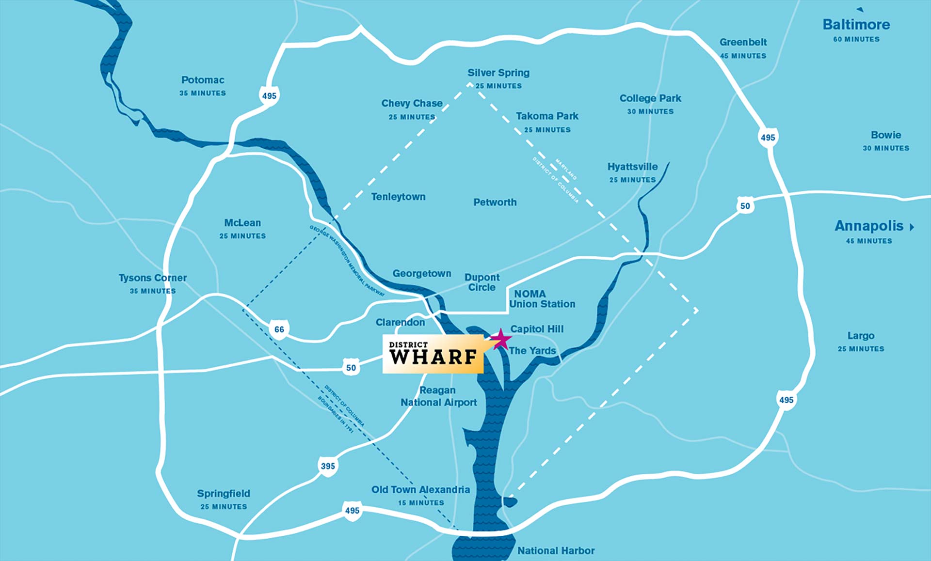 A regional map of Washington D.C. featuring the District Wharf